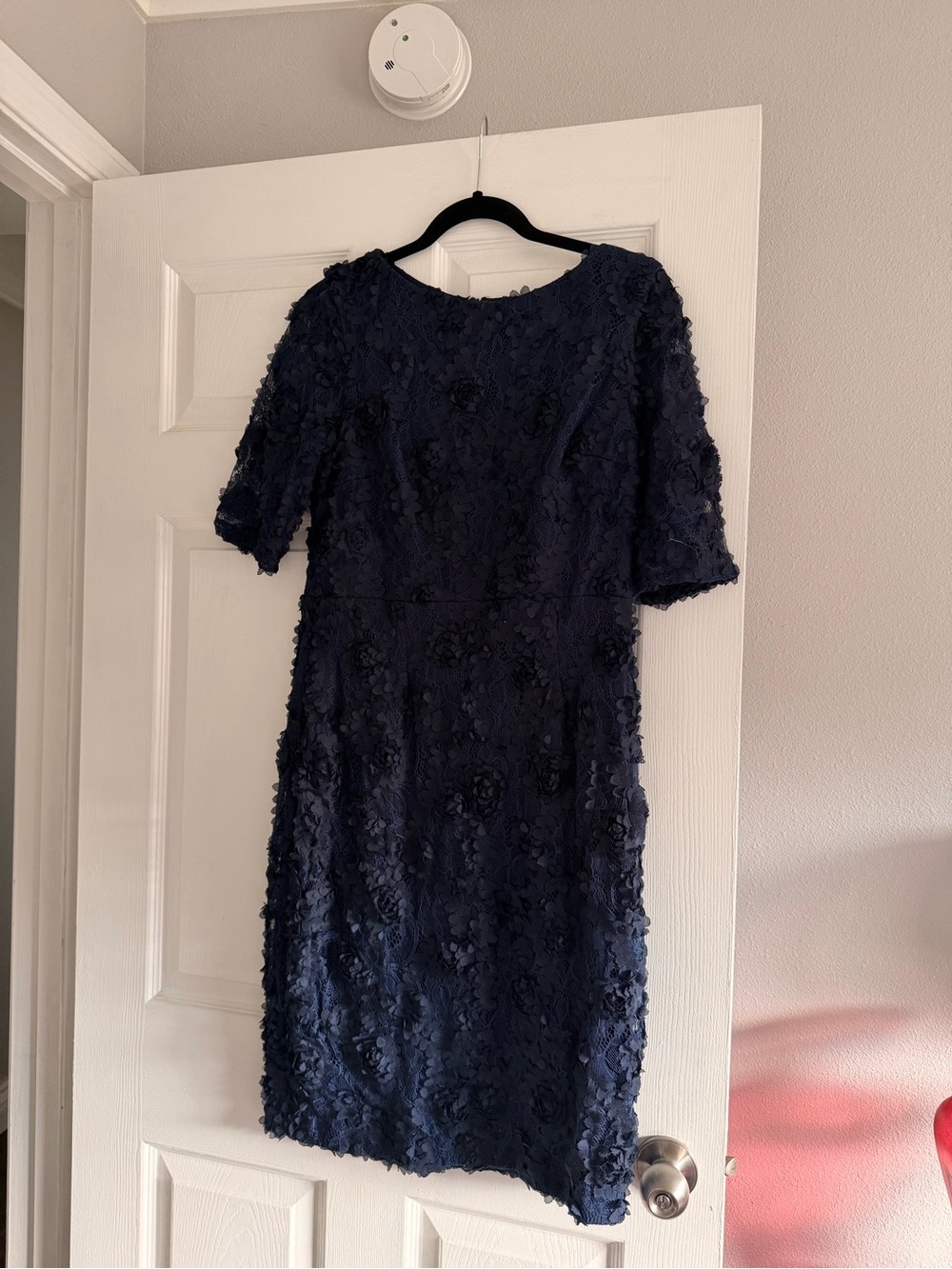 Xscape Navy Blue 3D Floral Lace Long Sleeve Dress